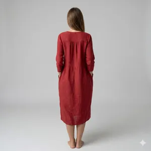 Luxury Yellow Plain Cotton Midi <b>Dress</b> With Button Front 3/4 Sleeve <b>Loose</b> Fit Boho Style Summer Casual <b>Dress</b> For Women - Product Image 2