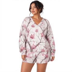 Classic Mockneck Pullover Oversized <b>Women</b> Camo Leaf Print V Neck Long Sleeve Sweatshirt and <b>Shorts</b> 2 Piece Casual Autumn <b>Set</b> - Product Image 2
