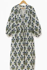 Ethnic Floral White Cotton Block Print Midi <b>Dress</b> Boho Puff Sleeve <b>Loose</b> Fit V-Neck Casual Summer <b>Dress</b> For Women - Product Image 3