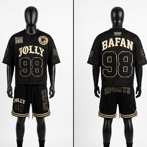 Premium 260 GSM Polyester Football Jersey And Shorts <b>Set</b> Black Gold Embroidery Tackle Twill Custom Logo for men's <b>set</b> - Product Image 6