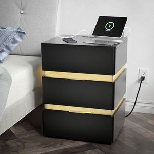 <b>Black</b> 3-Drawer Side Cabinet <b>Bedside</b> <b>Table</b> Nightstand RGB LED with Charging Station and USB Ports for Bedroom Sets - Product Image 2