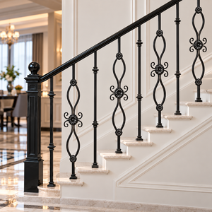 Rampe d'escalier en fer forgé sur mesure avec un travail de menuiserie élégant, une finition noire durable et un design décoratif raffiné pour les escaliers intérieurs - Product Image 5