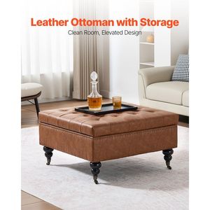 31-34 pollici pouf in pelle marrone con deposito per salotto tavolo quadrato sgabello e ottomana - Product Image 2