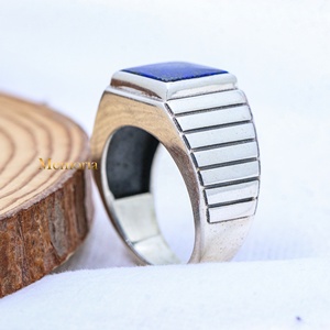 Anillo de Plata de Ley 925 con Lapislázuli Natural Cuadrado y Banda Acanalada, Joyería Fina, Memoria Jewels, Venta al Por Mayor - Product Image 5