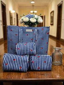Ensemble de sacs fourre-tout en coton imprimé à la main à rayures, motif Twin Feet, avec 3 pochettes, fermeture éclair, résistant à l'eau, pour voyage, tendance, bleu - Product Image 1