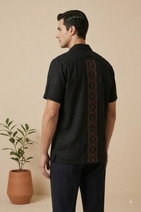 Men Black Cotton Poplin <b>Short</b> <b>Sleeve</b> <b>Shirt</b> With Hand Embroidery Geometric Pattern Turn-down Collar Casual Summer Wear Breathable - Product Image 1