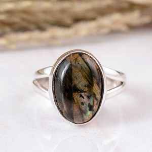 Handmade 925 Sterling <b>Silver</b> Blue Fire Labradorite <b>Ring</b>, Matte Finish Oval Gemstone <b>Statement</b> Band, Artisan Handcrafted <b>Ring</b> - Product Image 1