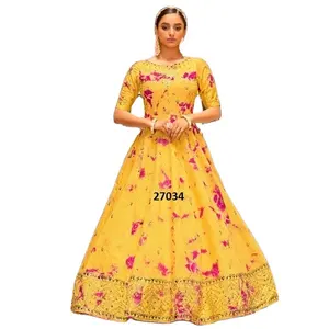 New Heavy Faux Georgette Salwar Kazmaeez Thread Embroidery Work Mahendi Lehenga Long Gown Style Dress With Dupatta Set Wholesale
