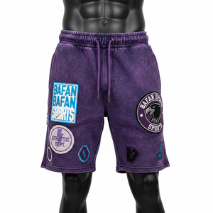 Shorts homme en molleton de coton premium 340 GSM, délavé à l'acide, violet, avec broderie multi-patch et logo. - Product Image 6