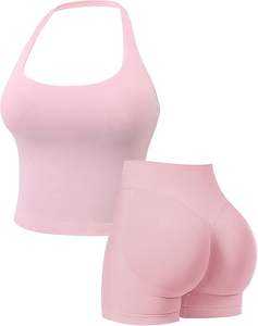 Conjunto Deportivo de Alta Calidad para Mujer: Top Corto Halter de Compresión con Tela Spandex y Leggings Largos Anti-Exposición para Gimnasio y Yoga - Product Image 1