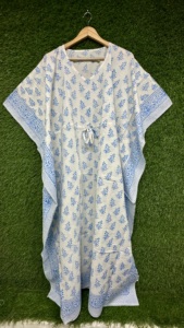 Caftán de algodón para mujer, vestido holgado con estampado floral azul, cuello en V, manga corta, para playa, resort y ropa de noche - Product Image 4