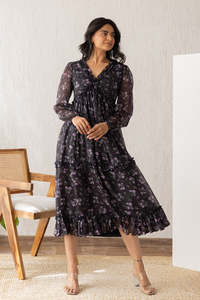 Vestido Midi Romántico de Gasa con Estampado Floral, Cuello con Volantes, Manga Larga, Corte en A, Holgado, Casual de Primavera, Elegante para Mujer - Product Image 3