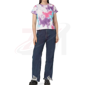 T-shirt court tie-dye pour femme, manches courtes, col rond, coupe classique, en coton tricoté, décontracté, printemps-été - Product Image 4