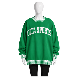 Sudadera Verde Oversize para Hombre con Cuello Redondo, Ribete a Cuadros Gingham, Manga Larga, Estilo Casual, Pullover, Moda Urbana, Top Deportivo Atlético - Product Image 1