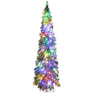 Albero di Natale Sottile Preilluminato da 150 cm con 150 Luci LED Calde, Effetto Neve e Design a Raggi di Luce Verso il Basso, 210 cm per Decorazioni Natalizie - Product Image 1