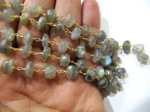 Natural Labradorite Rondelle Faceted 6-8mm Beads Brass Wire Wrapped <b>Rosary</b> Chain - Product Image 1