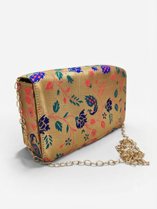 Traditional Brocade Fabric Gold Crossbody <b>Sling</b> <b>Bag</b> with Floral Print and Metallic Chain Strap <b>for</b> <b>Women</b> - Product Image 3