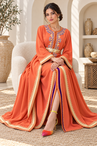 Caftan marocain Mishkat Couture corail orange avec broderie or violet, manches longues, ceinture or massif, maxi en velours prune respirant - Product Image 3