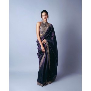 Designer Straight <b>Satin</b> <b>Saree</b> with Coding Sequence and Real Mirror Work - Product Image 5