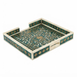 Bandeja Decorativa Hecha a Mano con Incrustaciones Geométricas de Hueso de Mostaza, Bandeja de Resina con Hueso de Camello, Decoración de Lujo para el Hogar, Bandeja para Mesa de Centro Otomana - Product Image 2