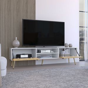 Toka ขาตั้งทีวีสีขาว/แมคคาเดเมียพร้อมประตูบานพับ2บานและชั้นวางกลาง - Product Image 3