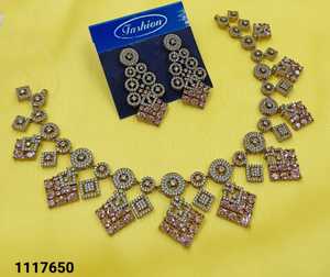 Elegant Square & Round Motif AD Diamond Necklace <b>Set</b> Trendy Baby Pink <b>Crystal</b> Bridal Jewellery <b>Set</b> for Women Wedding and Party - Product Image 1