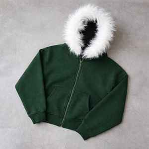 Veste polaire à capuche bleue avec fermeture éclair et fourrure blanche, unisexe, vêtement d'extérieur décontracté d'hiver, coupe classique, couleur unie, sweat-shirt tricoté - Product Image 5