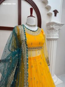 Designer Soft Net with Thread-<b>Sequin</b> with Lace work Gown-Full <b>Flared</b> Lehenga-Soft Net Dupatta Set Supplier from India - Product Image 6