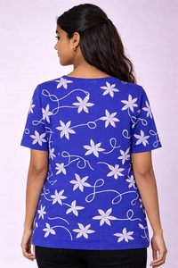 <b>Women's</b> Blue Floral Embroidered <b>Short</b> <b>Sleeve</b> T-<b>Shirt</b> O-Neck Loose Fit Casual Top Spring Summer Cotton Knitted - Product Image 2