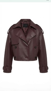Vintage <b>Burgundy</b> PU <b>Leather</b> Women <b>Jacket</b> Zip Up Coat Turn-Down Collar Long Sleeve Autumn Winter Outerwear - Product Image 2