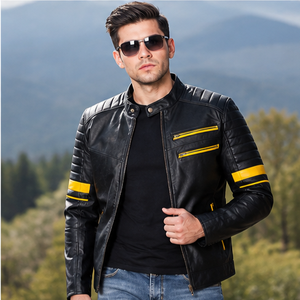 Blouson moto homme en cuir véritable noir, coupe ajustée, col rabattable, fermeture éclair, finition rouge, style automne - Product Image 4