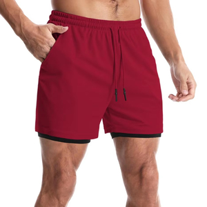 Shorts de course pour homme 2 en 1 à séchage rapide avec doublure rouge, shorts de fitness et d'entraînement respirants avec poches - Product Image 1