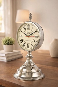 Horloge de bureau en acier inoxydable très demandée, forme circulaire, chiffres romains, mouvement à quartz silencieux, sans tic-tac, sonnerie horaire - Product Image 5
