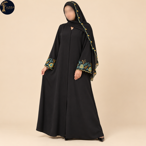 Abaya florale turquoise et or pour femmes avec poignets festonnés, robe fluide noire |   Robe modeste avec bordure de châle brodée - Product Image 1