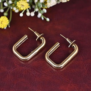 Gold Plated Brass Rectangle Hoop Earrings Antique Minimalist Design Polished Metal Craft Jewelry - Product Image 1
