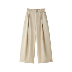 Pantalones de cintura alta para mujer, de pierna ancha, de color liso, de lona, holgados, largos, informales, de otoño, con cintura elástica y bolsillos - Product Image 2