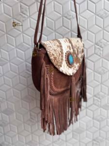 Bolso de Mano de Cuero con Flecos de Piel de Vaca, Bolso Bandolera con Piedra Turquesa, Estilo Bohemio Gitano Vintage, Hecho a Mano, Nuevo Diseño, Multiusos, Elegante - Product Image 3
