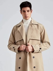 Abrigo clásico beige de doble botonadura para hombre, con solapa con muescas, largo hasta la rodilla, diseño personalizado, fabricante mayorista OEM ODM - Product Image 2