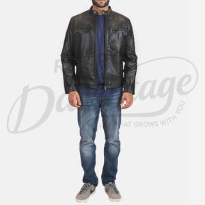 Chaqueta de cuero negra para hombre, estilo racer, piel de oveja auténtica de primera calidad, corte ajustado, cuello alto, con cremallera, informal, a la moda, para motocicleta. - Product Image 5