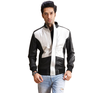 <b>Men</b>’s <b>Black</b> and White Genuine Leather Racer <b>Jacket</b> Two Tone Color Block Stand Collar Full Zip Casual Outerwear - Product Image 1