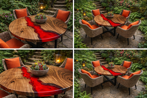 Table de salon ronde en bois massif avec résine époxy rouge, table basse artisanale, décoration rustique unique pour la maison - Product Image 5