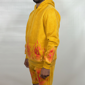 Ensemble sweat à capuche et short graphique personnalisé pour homme, imprimé flamme jaune, rouge, orange, sweat à capuche et short à taille élastique, ensemble deux pièces, vente en gros OEM - Product Image 2