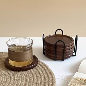 Stackable Wooden Coaster Set Round Heat Resistant Drink Rest for Coffee Tea Mug Glass Non Slip <b>Table</b> <b>Protection</b> Kitchen Area Use - Product Image 4