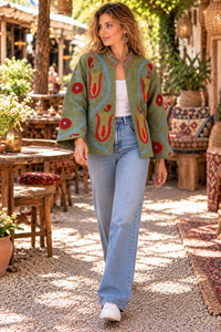 Veste en coton Suzani faite à la main |   Manteau de style floral, veste brodée de style bohème, manteau vert pour femme - Product Image 1