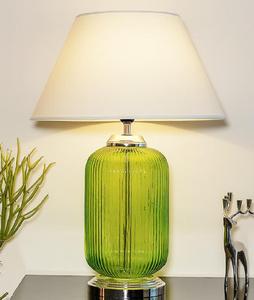 Modern Green Glass Table Lamp With White Fabric Drum Shade Soft Warm <b>Light</b> For Living Room Decorative <b>Lighting</b> - Product Image 2