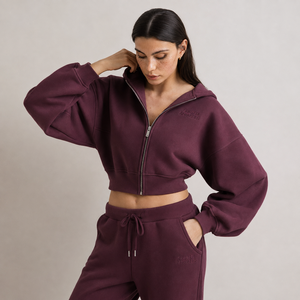 Unisex Maroon Hooded Cropped <b>Hoodie</b> Jogger Set Full Sleeve <b>Zip</b>-Up Loose Fit Lightweight Streetwear 2-in-1 Tracksuit Side <b>Pockets</b> - Product Image 3