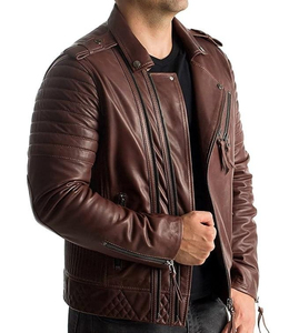 Blouson moto homme en cuir véritable marron foncé, coupe ajustée, fermeture éclair, col montant, vêtement d'extérieur pour l'automne - Product Image 4