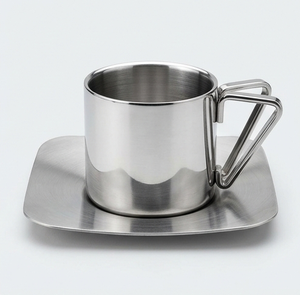 Juego de Taza y Platillo de Acero Inoxidable con Acabado Brillante Contemporáneo, con Asa Triangular, Juego de Té y Café - Product Image 1