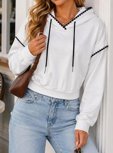 เสื้อฮู้ดครอปท็อปผู้หญิง แขนยาว แต่งขอบตัดกัน สไตล์ลำลอง มีเชือกผูก - Product Image 5