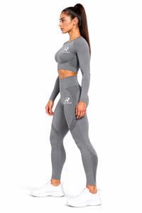Risk Sports Women Solid Grey Long Sleeve Crop <b>Top</b> <b>and</b> Nylon/Cotton <b>Leggings</b> 2 Piece Yoga Set - Product Image 2